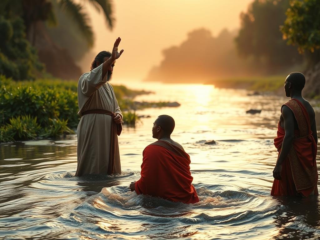 A vibrant scene of Filipe the Evangelist baptizing an Ethiopian eunuch. In the foreground, Filipe stands waist-deep in a flowing river, his hand raised in blessing as he baptizes the eunuch, who kneels humbly before him. The eunuch's rich robes and serene expression convey his profound spiritual transformation. In the middle ground, the banks of the river are lined with lush vegetation, hinting at the verdant landscapes of ancient Ethiopia. The background is bathed in soft, golden light, as if the very heavens are smiling upon this sacred moment. The composition is balanced and symmetrical, drawing the viewer's eye to the central figures and the act of baptism at the heart of Filipe's evangelistic mission. Quem foi Filipe o evangelista