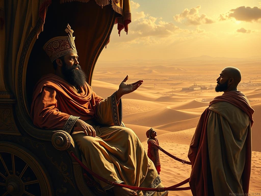 A warm, atmospheric oil painting depicting the transformative encounter between Philip the Evangelist and an Ethiopian eunuch. In the foreground, the eunuch sits in his ornate chariot, his exotic features and regal attire conveying a sense of mystery and intrigue. Philip, in flowing robes, stands beside the chariot, his hand outstretched in a gesture of compassion and spiritual guidance. The mid-ground shows the vast, arid landscape of the desert, with rolling hills and a cloudless sky casting a golden glow over the scene. The background features a distant city, hinting at the eunuch's high-ranking status and the significance of this pivotal moment in early Christian history. The lighting is soft and warm, evoking a sense of reverence and transformation. O encontro transformador: Filipe e o eunuco etíope