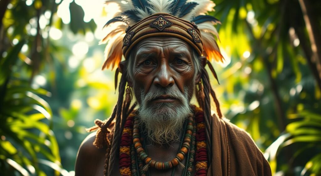 Un anciano chamán curtido, de pie en un frondoso y verde bosque amazónico. Su rostro, curtido y delineado, destila una profunda sabiduría y una gran conexión con el mundo natural. Visten intrincadas batas tejidas a mano y tocados adornados con plumas y cuentas, lo que indica su papel sagrado como guía espiritual y guardián del conocimiento ancestral. La luz del sol se filtra a través del dosel, proyectando un cálido resplandor dorado sobre la escena. La mirada del chamán es tranquila pero penetrante, invitando al espectador a experimentar el poder espiritual y la armonía del ecosistema amazónico que protegen. Un anciano chamán está de pie en una exuberante y verde selva amazónica. Su rostro, marcado por el tiempo y las arrugas, irradia una profunda sabiduría y conexión con el mundo natural. Lleva elaboradas túnicas tejidas a mano y tocados adornados con plumas y cuentas, lo que indica su papel sagrado como guía espiritual y guardián del conocimiento ancestral. La luz del sol se filtra entre las copas de los árboles, proyectando un cálido resplandor dorado sobre la escena. La mirada del chamán es tranquila pero penetrante, invitando al espectador a experimentar el poder espiritual y la armonía del ecosistema amazónico que protege.