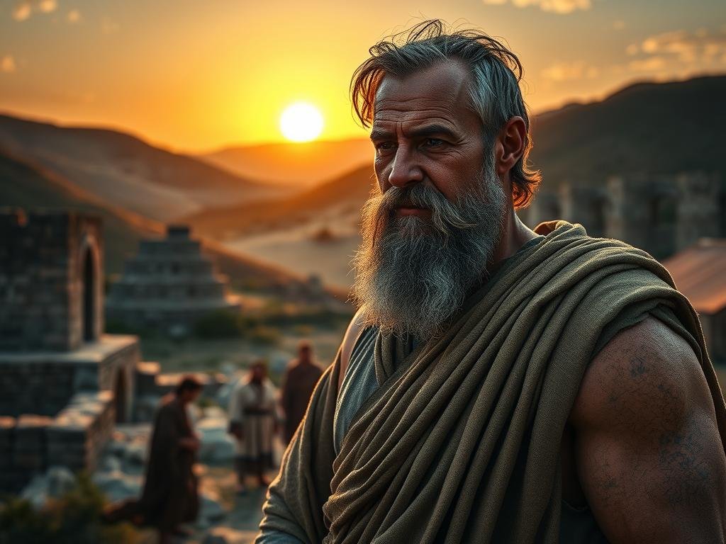 A weathered man in ancient Middle Eastern attire, Silas, stands resolute against a backdrop of ancient stone structures and rolling hills. Subtle lighting illuminates his weathered face, conveying a sense of steadfast determination. The foreground is dominated by Silas' strong, muscular frame, while the middle ground features a small group of early Christian disciples gathered around him, engaged in fervent discussion. In the distant background, the sun's warm glow casts a serene, contemplative atmosphere over the entire scene, hinting at Silas' pivotal role in the growth of the primitive church. Who was Silas in the Bible? Paul's fellow prisoner