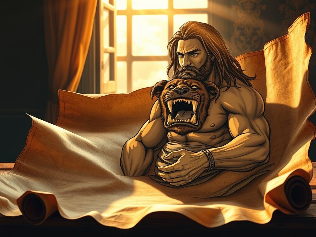 A weathered, tattered parchment scroll lies unfurled, revealing the intricate, finely detailed illustration of Samson, the biblical hero of immense strength. Sunlight streams through an open window, casting warm, golden light upon the scene. Samson's muscular physique is depicted with precision, his long hair cascading around his face as he rips apart the jaws of a lion with his bare hands. The background is a tranquil, timeless setting, hinting at the profound nature of Samson's story beyond his physical prowess - a tale of godly gifts, human frailties, and the enduring power of faith. A weathered, tattered parchment scroll lies unfurled, revealing the intricate, finely detailed illustration of Samson, the biblical hero of immense strength. Sunlight streams through an open window, casting warm, golden light upon the scene. Samson's muscular physique is depicted with precision, his long hair cascading around his face as he rips apart the jaws of a lion with his bare hands. The background is a tranquil, timeless setting, hinting at the profound nature of Samson's story beyond his physical prowess - a tale of godly gifts, human frailties, and the enduring power of faith.