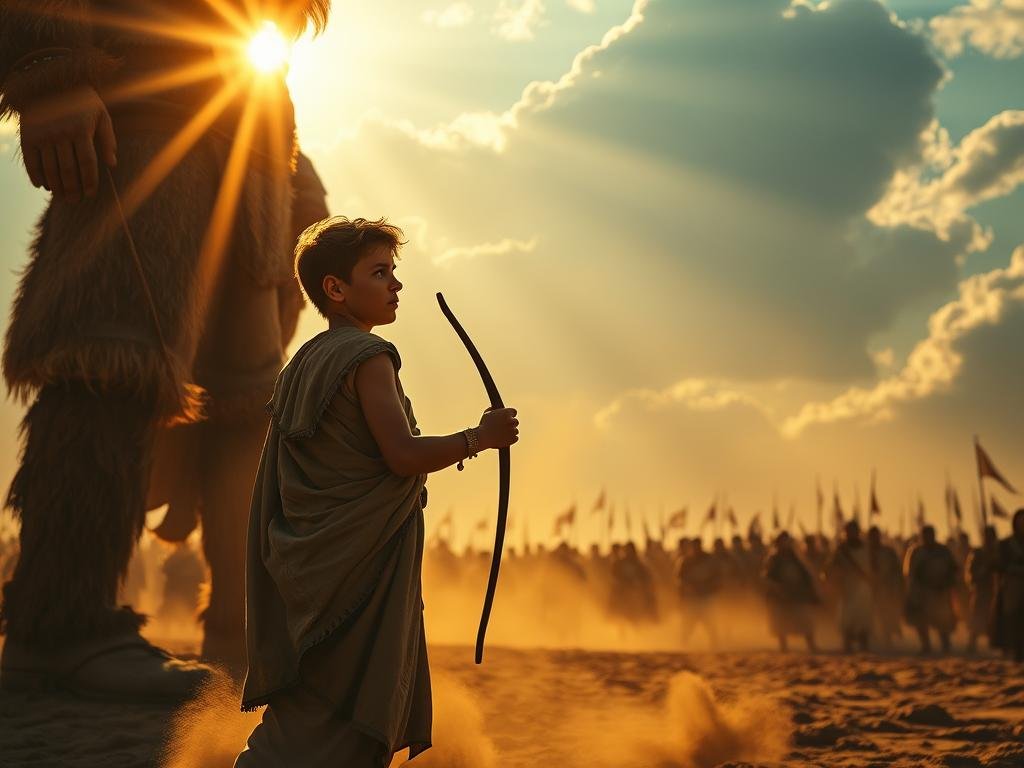 A young shepherd named David, his sling at the ready, stands with unwavering faith facing the towering giant Goliath. The sun's golden rays illuminate the tension in the air as the two adversaries meet on the battlefield. Dust swirls around their feet, adding to the sense of impending confrontation. In the distance, the Israelite army watches with bated breath, their fate resting on the outcome of this clash between the underdog and the champion. David's expression is one of quiet determination, unafraid of the overwhelming odds, his trust in the Lord guiding his every move. This is a moment of profound faith and the triumph of the spirit over physical might. Davi e Golias: uma batalha de fé contra o impossível