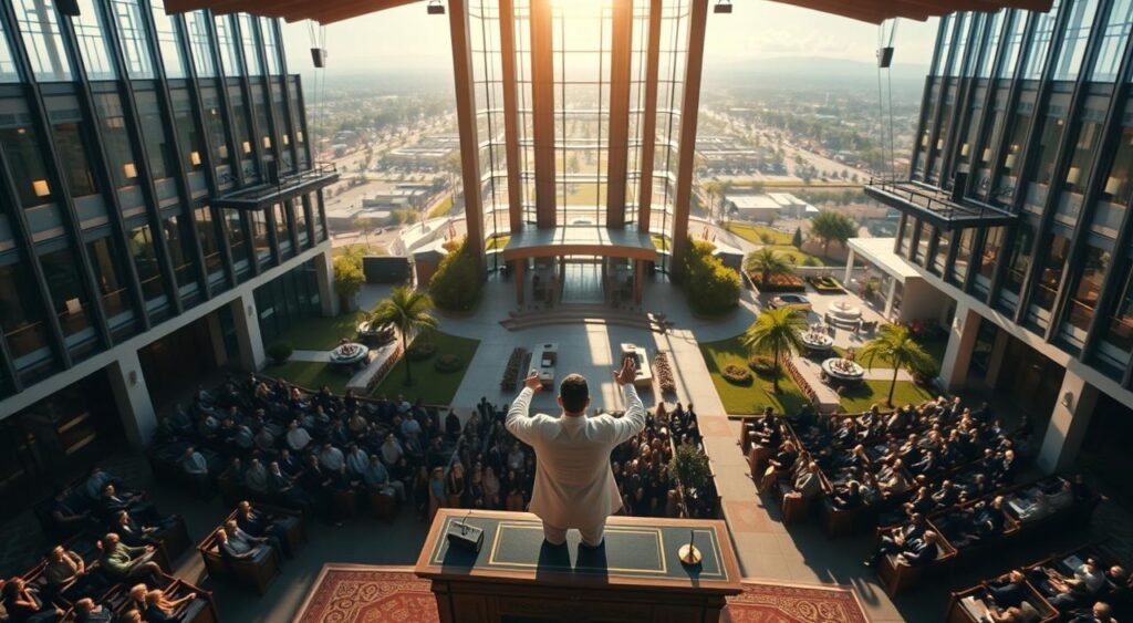 Dramatic aerial view of a modern megachurch with a soaring glass-and-steel architecture, the sun casting warm rays through the windows. In the foreground, a charismatic televangelist preaches from an ornate pulpit, hands raised, surrounded by an enthralled congregation. The middle ground features elegant pews and aisles, while the background showcases a lush garden oasis and sprawling campus, symbolizing the wealth and prosperity promised by the prosperity gospel movement. Cinematic lighting, a shallow depth of field, and a sense of grandeur and opulence.