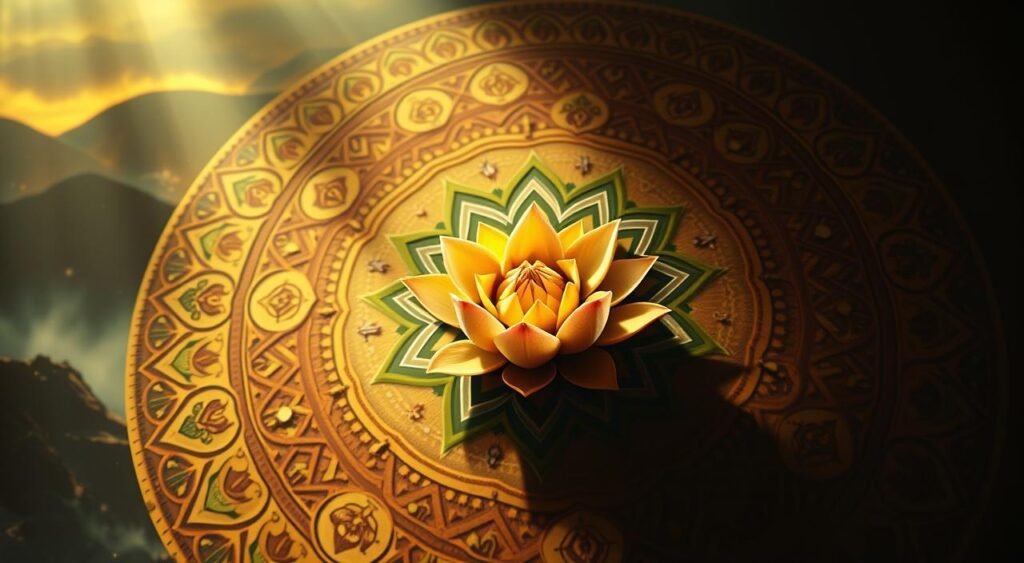 Intricate mandala of Ayurvedic principles, rendered in a vibrant, mystical style. In the foreground, a central lotus flower symbolizes the five elements and three doshas, surrounded by concentric rings depicting the six rasas, the seven dhatus, and the three malas. In the middle ground, delicate illustrations of Ayurvedic herbs, spices, and natural remedies. The background features a softly glowing, ethereal landscape evoking the harmony and balance of Ayurvedic philosophy. Dramatic, chiaroscuro lighting casts deep shadows, creating an atmosphere of ancient wisdom and timeless knowledge. Mandala intrincada de princípios ayurvédicos, apresentada em um estilo vibrante e místico. Em primeiro plano, uma flor de lótus central simboliza os cinco elementos e os três doshas, cercada por anéis concêntricos representando os seis rasas, os sete dhatus e os três malas. No plano central, delicadas ilustrações de ervas, especiarias e remédios naturais ayurvédicos. O fundo apresenta uma paisagem etérea e suavemente brilhante, evocando a harmonia e o equilíbrio da filosofia ayurvédica. A iluminação dramática em claro-escuro projeta sombras profundas, criando uma atmosfera de sabedoria ancestral e conhecimento atemporal.
