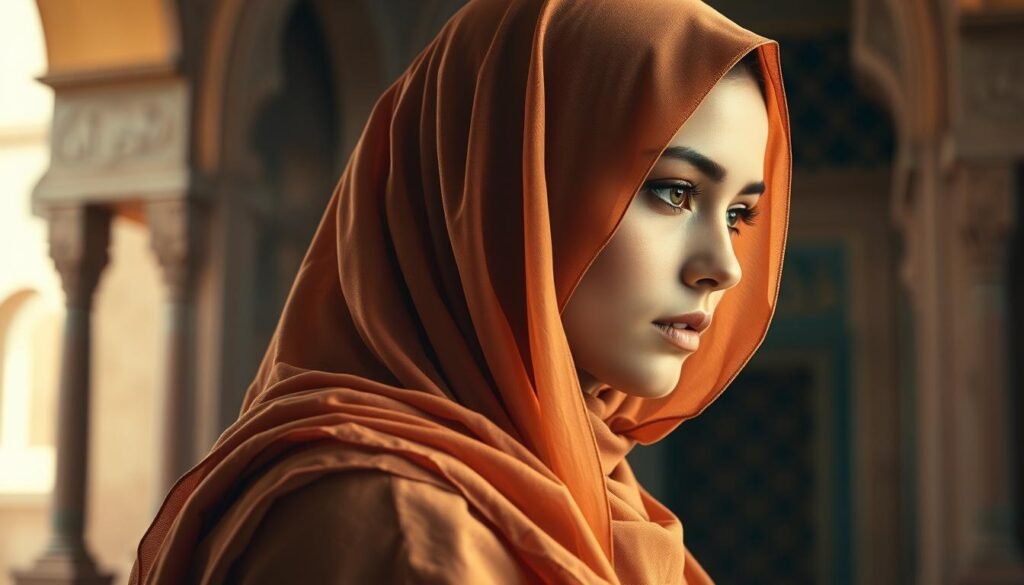 A beautiful, intricate hijab in a warm, earthy color palette, draped gracefully over a female figure. The hijab's fabric flows elegantly, with delicate folds and a subtle sheen. In the background, glimpses of ancient architectural elements, such as ornate arches and intricate tilework, suggest a Middle Eastern or North African setting. The lighting is soft and diffused, creating a serene, contemplative atmosphere. The overall scene conveys a sense of cultural tradition, historical significance, and personal expression. Tradições do Hijab