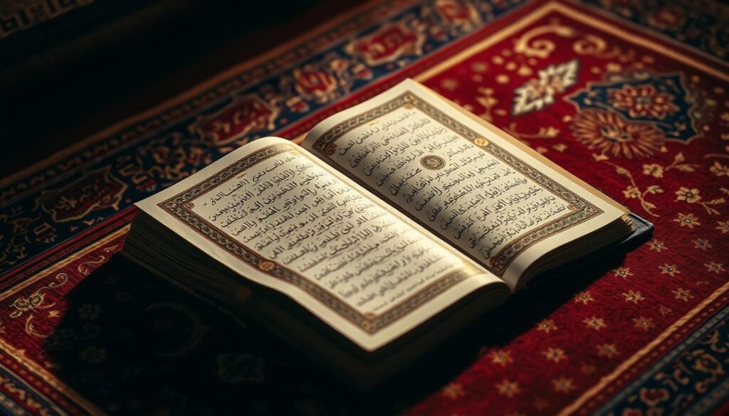 A beautifully illuminated copy of the Alcorão sagrado, the sacred scripture of Islam, resting on a richly patterned prayer rug. Soft, warm lighting casts a reverent glow, highlighting the intricate calligraphy and gilded decorations on the cover. The Alcorão's pages are open, revealing ornate illuminated scripts and passages. A sense of spirituality and devotion permeates the scene, reflecting the fundamental principles of the Islamic faith. A beautifully illuminated copy of the Alcorão sagrado, the sacred scripture of Islam, resting on a richly patterned prayer rug. Soft, warm lighting casts a reverent glow, highlighting the intricate calligraphy and gilded decorations on the cover. The Alcorão's pages are open, revealing ornate illuminated scripts and passages. A sense of spirituality and devotion permeates the scene, reflecting the fundamental principles of the Islamic faith.