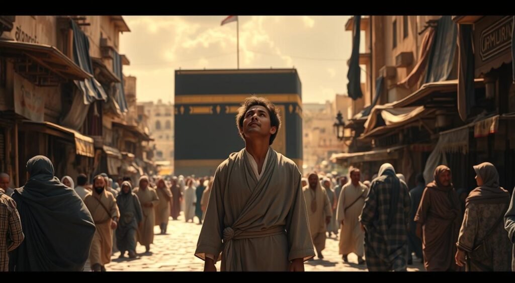 A bustling street in Mecca, 7th century Arabia. The young Muhammed, dressed in simple robes, stands in the center, gazing upwards as the sun casts a warm glow over the ancient city. In the foreground, merchants and travelers move through the crowded market, their vibrant garments and wares creating a tapestry of colors. In the background, the iconic Kaaba stands tall, its black cloth billowing in the gentle breeze. The scene is imbued with a sense of tranquility and contemplation, capturing a pivotal moment in the life of the future Prophet before the divine call that would shape the course of history. Histórias do Profeta Maomé: