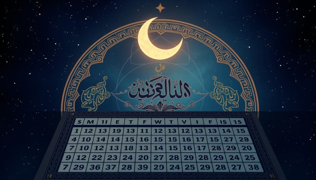 Ilustración detallada de un calendario lunar sobre un cielo nocturno estrellado, con una luna creciente y motivos celestes. En primer plano, el calendario muestra una cuadrícula de días y fechas que representan los 354 o 355 días del calendario lunar islámico. El segundo plano presenta elementos caligráficos islámicos ornamentados, motivos geométricos y tonos apagados que recuerdan el arte islámico tradicional. El fondo muestra un cielo azul intenso con estrellas centelleantes, creando una atmósfera serena y contemplativa. La composición general debe transmitir la elegancia y precisión del sistema del calendario lunar utilizado para determinar los días sagrados y festivales islámicos.