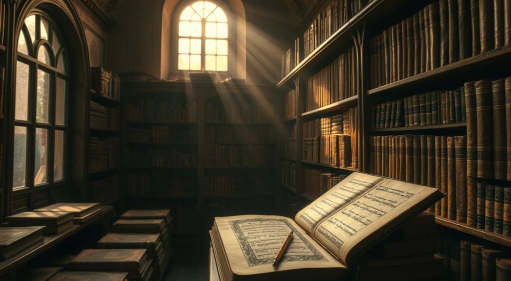 A dimly lit, antique library, shelves lined with ancient leather-bound volumes, the air thick with the scent of old parchment. Shafts of warm, golden light pierce through dusty windows, illuminating delicate handwritten scripts and intricate illustrations on the pages of rare Jewish manuscripts. A sense of reverence and history permeates the scene, inviting the viewer to step back in time and explore the vast wealth of knowledge contained in these precious documents. Textos Antigos Judaicos: Manuscritos Raros e sua Importância
