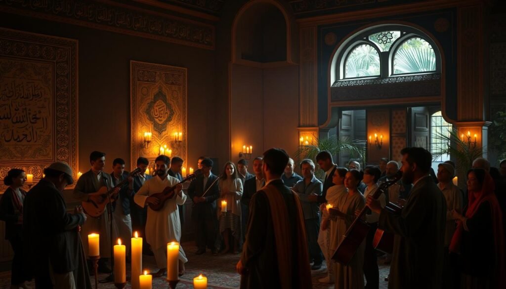 A dimly lit room, illuminated by the warm glow of candles, sets the stage for a mesmerizing Sufi musical performance. In the foreground, a group of musicians sway gently, their bodies moving in sync with the rhythmic cadence of traditional stringed instruments and percussive elements. Intricate patterns of Islamic calligraphy adorn the walls, their intricate designs evoking a sense of spiritual contemplation. The middle ground reveals a diverse audience, their faces reflecting the profound emotional connection they share with the music, eyes closed in deep meditation. In the background, glimpses of ornate architectural details and lush vegetation suggest a Middle Eastern or North African setting, further enhancing the cultural and mystical atmosphere. The lighting, soft and atmospheric, casts a warm, ethereal glow, creating a sense of timelessness and transcendence. Uma sala mal iluminada, iluminada pelo brilho suave de velas, prepara o palco para uma hipnotizante apresentação musical sufi. Em primeiro plano, um grupo de músicos balança suavemente, seus corpos se movendo em sincronia com a cadência rítmica de instrumentos de corda tradicionais e elementos de percussão. Padrões intrincados de caligrafia islâmica adornam as paredes, e seus desenhos intrincados evocam uma sensação de contemplação espiritual. O plano intermediário revela um público diversificado, cujos rostos refletem a profunda conexão emocional que compartilham com a música, olhos fechados em profunda meditação. Ao fundo, vislumbres de detalhes arquitetônicos ornamentados e vegetação exuberante sugerem um cenário do Oriente Médio ou do Norte da África, realçando ainda mais a atmosfera cultural e mística. A iluminação, suave e atmosférica, projeta um brilho quente e etéreo, criando uma sensação de atemporalidade e transcendência.