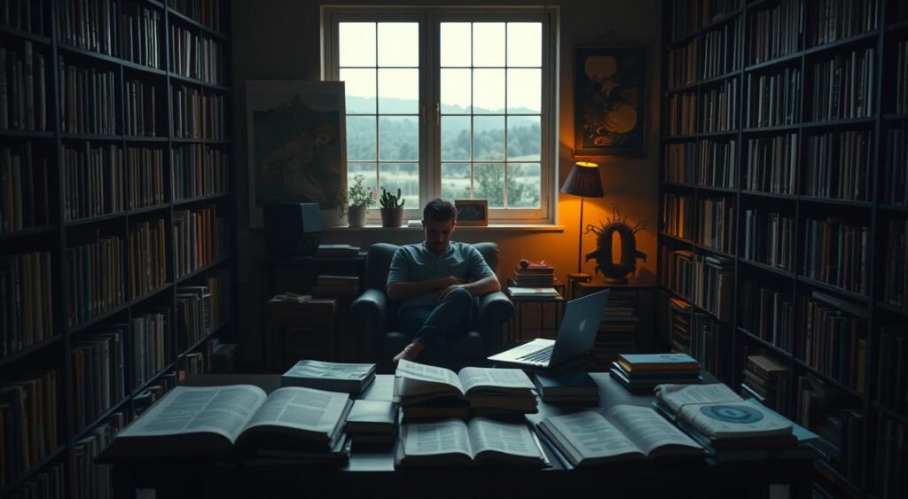 A dimly lit study, with rows of books lining the shelves, casting a warm, contemplative glow. In the center, a figure sits in a comfortable chair, deep in thought, surrounded by open journals, papers, and a laptop. The walls are adorned with abstract spiritual artwork, and a window in the background offers a glimpse of a serene, natural landscape. The lighting is soft and subtle, creating a sense of introspection and exploration. The overall atmosphere is one of scholarly examination and thoughtful inquiry into the realms of spirituality and its influence on mental well-being. Um estudo mal iluminado, com fileiras de livros alinhados nas prateleiras, emitindo um brilho quente e contemplativo. No centro, uma figura senta-se em uma cadeira confortável, imersa em pensamentos, cercada por diários abertos, papéis e um laptop. As paredes são adornadas com obras de arte abstrata espiritual, e uma janela ao fundo oferece uma visão de uma paisagem natural serena. A iluminação é suave e sutil, criando uma sensação de introspecção e exploração. A atmosfera geral é de um exame acadêmico e uma investigação reflexiva sobre os reinos da espiritualidade e sua influência no bem-estar mental.