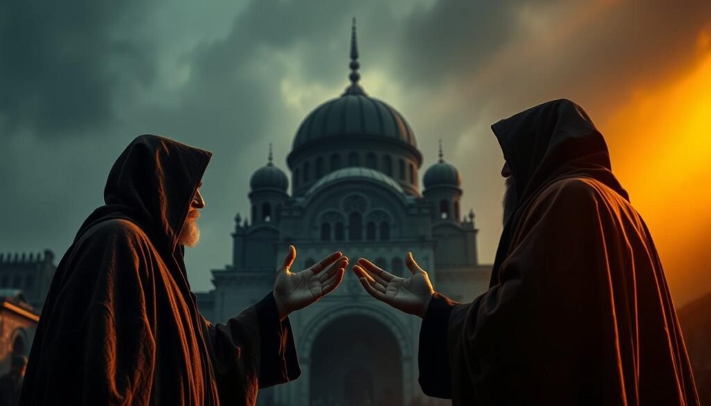A dramatic scene of historical religious conflicts between Sufism and Orthodoxy. In the foreground, two cloaked figures engage in heated debate, their hands gesturing passionately. Behind them, a towering mosque stands tall, its intricate domes and minarets reaching skyward. The background is shrouded in an atmospheric haze, evoking a sense of tension and uncertainty. Shafts of warm, golden light pierce through the gloom, adding depth and drama to the composition. The overall mood is one of spiritual struggle, as the two belief systems clash against a backdrop of ancient architecture and shifting shadows. Uma cena dramática de conflitos religiosos históricos entre o Sufismo e a Ortodoxia. Em primeiro plano, duas figuras encapuzadas se envolvem em um debate acalorado, gesticulando apaixonadamente com as mãos. Atrás delas, uma imponente mesquita se ergue, com suas cúpulas e minaretes intrincados que se estendem em direção ao céu. O fundo está envolto em uma névoa atmosférica, evocando uma sensação de tensão e incerteza. Raios de luz quente e dourada perfuram a penumbra, adicionando profundidade e drama à composição. O clima geral é de luta espiritual, com os dois sistemas de crenças se chocando contra um pano de fundo de arquitetura antiga e sombras inconstantes.