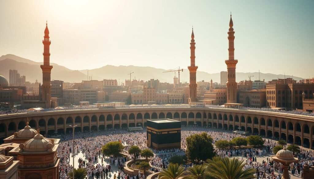 A grand, ancient city of Mecca, nestled in the desert landscape. Warm, golden sunlight bathes the iconic Kaaba shrine, its black cloth glimmering. Towering minarets pierce the sky, their call to prayer echoing through the bustling streets. Worshippers in traditional garments stream towards the holy site, their faces imbued with reverence. In the foreground, a serene plaza invites contemplation, with intricate Islamic architecture and lush greenery providing a tranquil contrast to the surrounding activity. The overall scene conveys the spiritual significance and timeless allure of this sacred Islamic center. Pilares do Islamismo