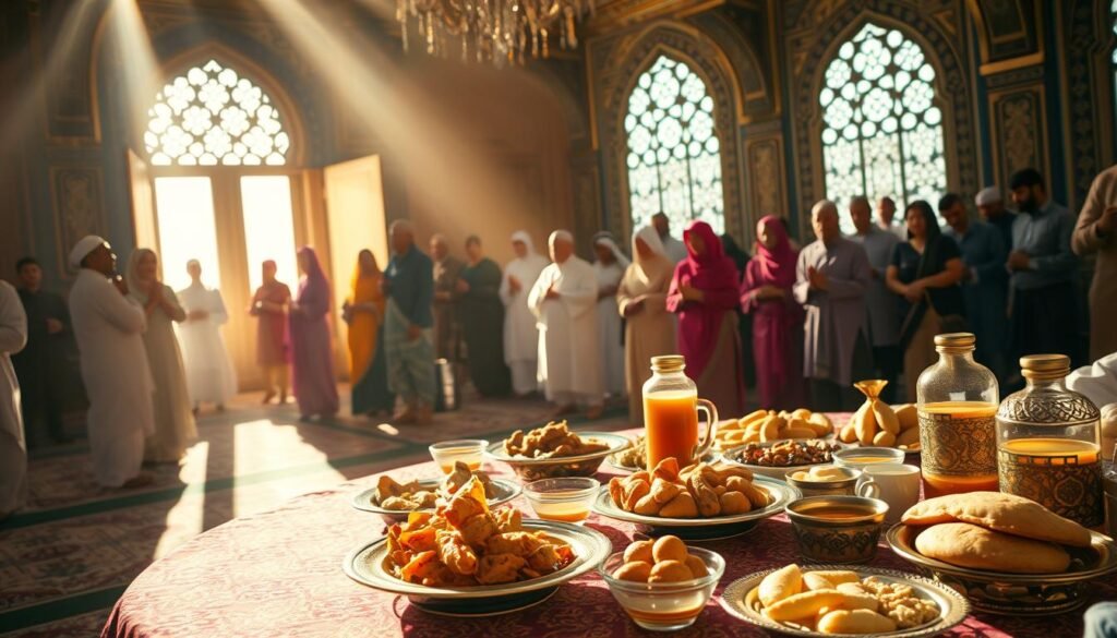A joyous celebration of the end of Ramadan, with vibrant colors and intricate decorations. In the foreground, a table laden with traditional Eid al-Fitr delicacies - savory dishes, sweet pastries, and aromatic teas. Rays of warm, golden light filter through ornate windows, casting a serene glow over the gathering. In the background, worshippers in traditional garments gather to offer prayers and give thanks, their faces alight with a sense of spiritual renewal and community. The overall atmosphere evokes a profound connection to faith, family, and the sacred traditions that mark the conclusion of the holy month. Significado do Eid al-Fitr