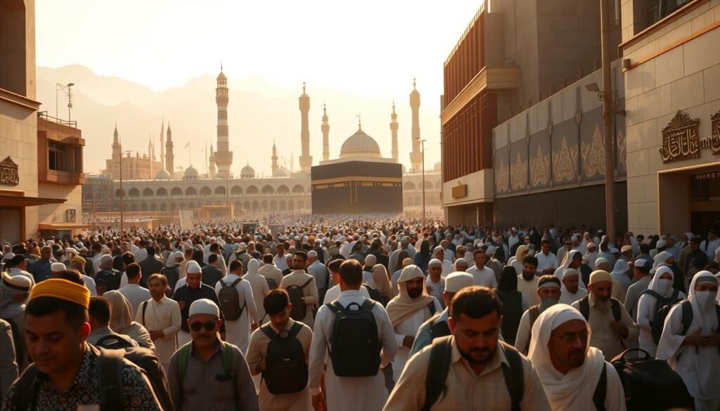 A large crowd of Muslim pilgrims embarking on the Hajj journey, weaving through the bustling streets of Mecca. In the foreground, a diverse group of worshippers carrying backpacks and luggage, their faces etched with determination and anticipation. The middle ground reveals the iconic domes and minarets of the Masjid al-Haram mosque, casting long shadows under the warm, golden sunlight. In the distance, the towering mountains of the Sirat range stand as silent witnesses to the spiritual odyssey unfolding. The atmosphere is charged with a sense of reverence and communal purpose, as the pilgrims navigate the logistical and physical challenges of this sacred pilgrimage. Uma grande multidão de peregrinos muçulmanos embarcando na jornada do Hajj, entrelaçando-se pelas movimentadas ruas de Meca. Em primeiro plano, um grupo diversificado de fiéis carregando mochilas e bagagens, seus rostos marcados com determinação e expectativa. O plano médio revela as icônicas cúpulas e minaretes da mesquita Masjid al-Haram, projetando longas sombras sob a luz quente e dourada do sol. Ao fundo, as imponentes montanhas da cordilheira Sirat permanecem como testemunhas silenciosas da odisseia espiritual que se desenrola. A atmosfera está carregada de um sentimento de reverência e propósito comunitário, enquanto os peregrinos navegam pelos desafios logísticos e físicos desta peregrinação sagrada.