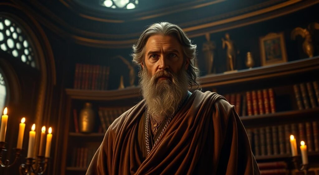 A majestic biblical figure, Abiel, stands solemnly in a dimly lit, ornate chamber. Warm candlelight casts a soft glow, highlighting his weathered features and flowing robes. His gaze is introspective, conveying a sense of profound wisdom and spiritual connection. In the background, ancient tomes and religious artifacts adorn the shelves, hinting at Abiel's esteemed position and deep understanding of the scriptures. The scene evokes a sense of reverence and historical significance, inviting the viewer to contemplate Abiel's pivotal role in the biblical narrative. Quem foi Abiel na Bíblia