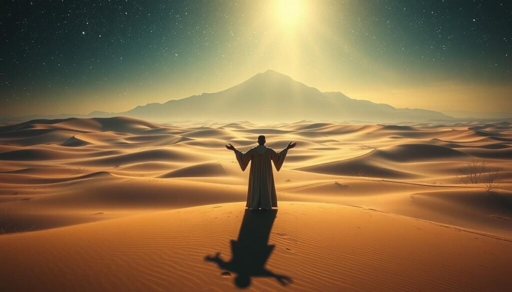 A mystical landscape of swirling sand dunes and starry skies, illuminated by a warm, ethereal glow. In the foreground, a solitary figure in flowing robes stands amidst the dunes, arms outstretched as if in meditative contemplation. The middle ground features undulating waves of sand, their contours casting long shadows that dance across the scene. In the distance, a towering mountain range rises, its peaks shrouded in a hazy, dreamlike atmosphere. The overall mood is one of introspection, spirituality, and the profound connection between the human soul and the natural world. Cinematic lighting and a slightly wide-angle lens capture the grandeur and vastness of this poetic "Tu Kuja Man Kuja" landscape. Uma paisagem mística de dunas de areia rodopiantes e céus estrelados, iluminados por um brilho cálido e etéreo. Em primeiro plano, uma figura solitária em vestes esvoaçantes está em pé entre as dunas, com os braços estendidos como se estivesse em contemplação meditativa. O plano central apresenta ondas ondulantes de areia, cujos contornos projetam longas sombras que dançam pela cena. Ao longe, uma imponente cadeia de montanhas se ergue, com seus picos envoltos em uma atmosfera nebulosa e onírica. O clima geral é de introspecção, espiritualidade e da profunda conexão entre a alma humana e o mundo natural. A iluminação cinematográfica e uma lente ligeiramente grande angular capturam a grandiosidade e a vastidão desta poética paisagem "Tu Kuja Man Kuja".
