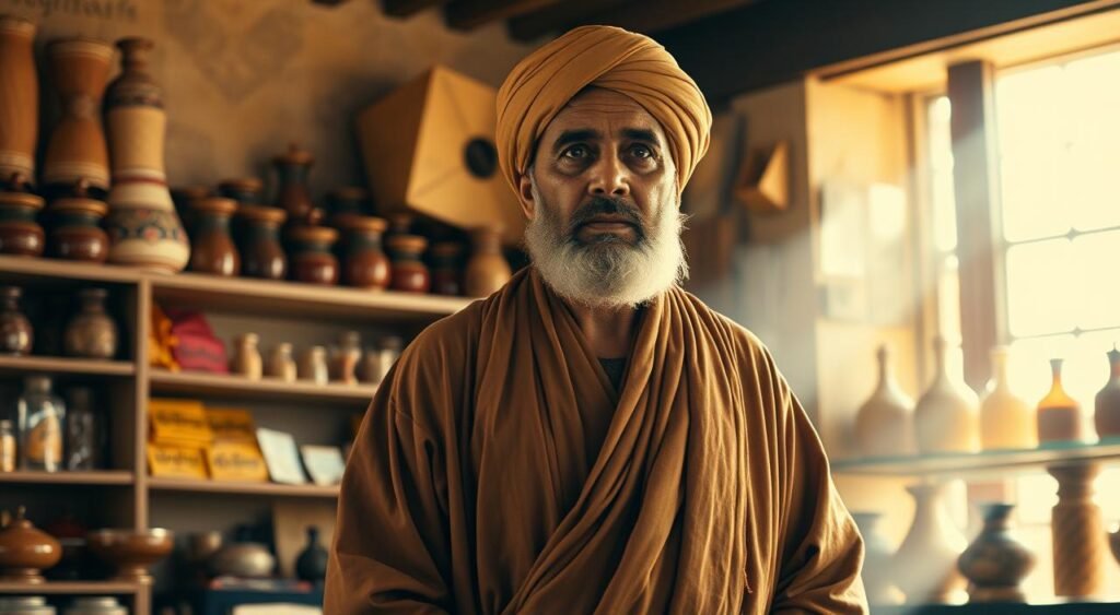 A respected merchant stands tall, his weathered face and wise eyes reflecting a lifetime of experience. He is dressed in flowing robes of rich, earth-toned fabrics, a turban adorning his head. His posture is upright, commanding respect, yet his demeanor is calm and approachable. The sunlight streams in from a window, casting warm, golden tones across the scene. In the background, shelves are filled with exotic goods and spices, hinting at the merchant's diverse wares and well-established business. The overall atmosphere is one of quiet dignity, trust, and the reverence accorded to a man of integrity and standing in his community. Um respeitado comerciante se ergue imponente, com seu rosto envelhecido e olhos sábios refletindo uma vida inteira de experiência. Ele veste túnicas esvoaçantes de tecidos ricos em tons terrosos, com um turbante adornando sua cabeça. Sua postura é ereta, impondo respeito, mas seu comportamento é calmo e acessível. A luz do sol entra por uma janela, lançando tons quentes e dourados sobre a cena. Ao fundo, prateleiras estão repletas de produtos e especiarias exóticas, sugerindo a diversidade de produtos e o comércio consolidado do comerciante. A atmosfera geral é de dignidade silenciosa, confiança e a reverência concedida a um homem íntegro e de posição em sua comunidade.