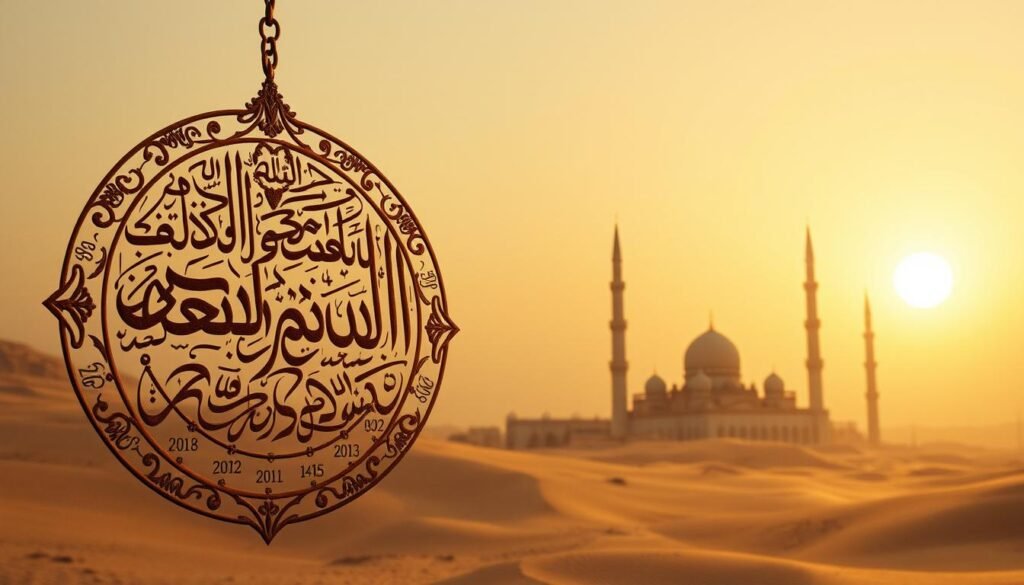A richly detailed Islamic calendar against the backdrop of a muted desert landscape. In the foreground, a meticulously rendered Arabic calligraphic script depicts the months and days, its intricate patterns evoking the timeless wisdom of the faith. The middle ground features a grand mosque with ornate domes and minarets, its architecture a harmonious blend of geometric shapes and flowing lines. In the distance, a setting sun casts a warm, golden glow, infusing the scene with a sense of tranquility and timelessness. The overall mood is one of reverence and contemplation, reflecting the profound origins and traditions of Islam. Um calendário islâmico ricamente detalhado contra o pano de fundo de uma paisagem desértica suave. Em primeiro plano, um script caligráfico árabe meticulosamente elaborado retrata os meses e dias, seus padrões intrincados evocando a sabedoria atemporal da fé. No meio, uma grande mesquita com cúpulas e minaretes adornados, sua arquitetura é uma mistura harmoniosa de formas geométricas e linhas fluídas. Ao longe, um sol poente lança um brilho quente e dourado, infundindo a cena com uma sensação de tranquilidade e atemporalidade. O clima geral é de reverência e contemplação, refletindo as profundas origens e tradições do Islã.