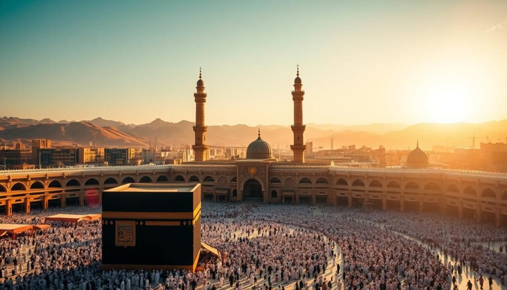 A serene and majestic vista of sacred locales in Mecca, the holy city for Muslims. In the foreground, the iconic Kaaba, a black cubic structure draped in a rich, embroidered covering, stands as the centerpiece, surrounded by worshippers in white robes performing the ritualistic Tawaf. In the middle ground, the Masjid al-Haram mosque, with its towering minarets and ornate architecture, provides a grand backdrop. The scene is bathed in warm, golden light, evoking a sense of reverence and spiritual connection. In the distance, the rolling hills and mountains of the Hijaz region create a stunning natural setting, complementing the sacred atmosphere. The overall composition conveys the solemnity and grandeur of the Hajj pilgrimage and its associated rituals. Uma vista serena e majestosa de locais sagrados em Meca, a cidade santa para os muçulmanos. Em primeiro plano, a icônica Caaba, uma estrutura cúbica preta coberta por um rico manto bordado, se destaca como o centro das atenções, cercada por fiéis em túnicas brancas realizando o ritualístico Tawaf. No meio da cena, a mesquita Masjid al-Haram, com seus minaretes imponentes e arquitetura ornamentada, fornece um grande pano de fundo. A cena é banhada por uma luz dourada e quente, evocando um senso de reverência e conexão espiritual. Ao fundo, as colinas e montanhas da região do Hijaz criam um deslumbrante cenário natural, complementando a atmosfera sagrada. A composição geral transmite a solenidade e a grandeza da peregrinação do Hajj e seus rituais associados.