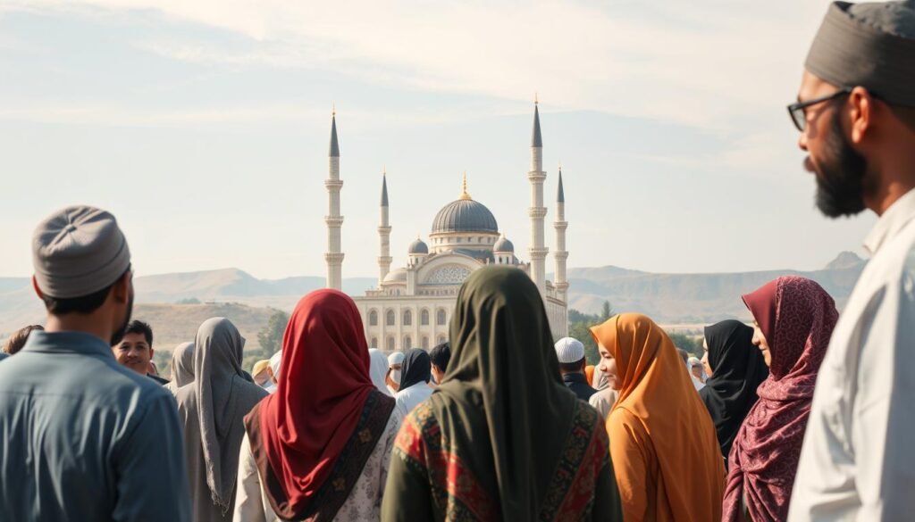 A serene and peaceful scene of Muslim individuals engaging in religious harmony and tolerance. In the foreground, a group of diverse people, their traditional garments and expressions conveying a sense of unity and understanding. In the middle ground, a grand, ornate mosque stands tall, its intricate architecture and calming presence symbolizing the spiritual foundation of the faith. The background features a tranquil landscape, with rolling hills and a clear sky, evoking a sense of balance and harmony. The overall atmosphere is one of reverence, acceptance, and the shared values of the Islamic faith. Islã e Tolerância Religiosa: Ensinamentos do Alcorão sobre Convivência