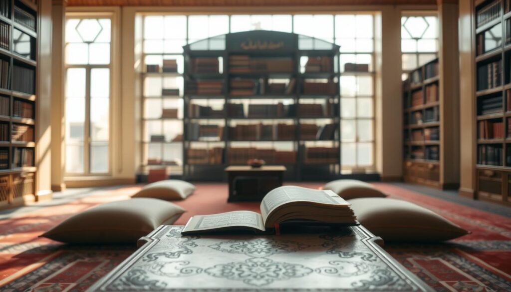 A serene and well-lit library interior, with an ornate Arabic-style table prominently placed in the foreground. On the table, an open Quran, its pages illuminated by soft, diffused lighting. Around the table, plush cushions and prayer rugs, creating a cozy and contemplative atmosphere. In the middle ground, a glass-paneled bookshelf filled with leather-bound volumes, hinting at the wealth of knowledge and spiritual guidance contained within. The background features a panoramic window, allowing natural light to filter in and creating a sense of openness and connection to the divine. The overall scene evokes a sense of focus, reverence, and the optimization of the Quranic reading experience. Como ler o Alcorão Online