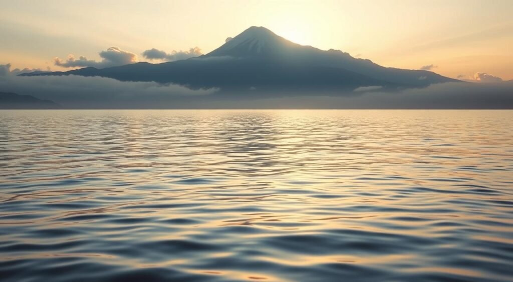 A serene, contemplative landscape depicting the dimensions of spirituality. In the foreground, a tranquil body of water reflects the sky above, with gentle ripples on the surface. In the middle ground, a majestic mountain range rises, its peaks touching the clouds. The background is filled with a warm, glowing sunset, casting a soft, ethereal light over the scene. The overall mood is one of peace, harmony, and a sense of connection to something greater than oneself. The lighting is natural and diffused, creating a calming, meditative atmosphere. The angle is wide, capturing the breadth and depth of the spiritual experience. Religião e Saúde Mental