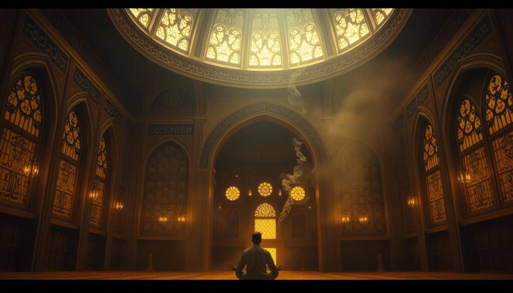 A serene, dimly lit interior with ornate Islamic architecture and intricate calligraphic designs. In the foreground, a figure seated in a meditative pose, surrounded by a halo of warm, diffused light. In the middle ground, ethereal wisps of incense drift through the air, creating an atmosphere of contemplation. The background features a grand, domed ceiling with elegant arches and stained glass windows, bathed in a soft, golden glow. The overall scene conveys a sense of reverence, spirituality, and the principles of religious freedom as embodied in the teachings of the Quran. Um interior sereno e suavemente iluminado, com arquitetura islâmica ornamentada e intrincados designs caligráficos. No primeiro plano, uma figura sentada em uma pose meditativa, rodeada por um halo de luz quente e difusa. No plano médio, etéreas fumaças de incenso flutuam pelo ar, criando uma atmosfera de contemplação. O fundo apresenta um grandioso teto abobadado com elegantes arcos e janelas de vitral, banhadas por um suave brilho dourado. A cena como um todo transmite um senso de reverência, espiritualidade e os princípios da liberdade religiosa, conforme incorporados nos ensinamentos do Alcorão.