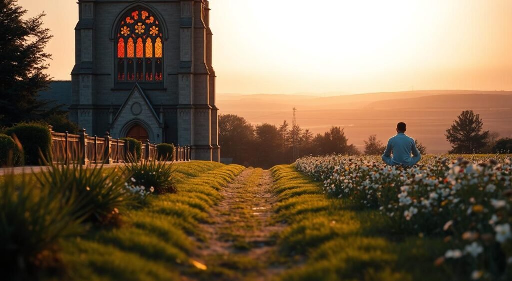 A serene garden setting, with a central path dividing the foreground. On one side, a towering cathedral stands, its stained glass windows reflecting the warm glow of the afternoon sun. On the other side, a lone figure sits cross-legged amidst a field of wildflowers, deep in contemplation. The background fades into a tranquil landscape, with rolling hills and a distant horizon. The scene conveys a sense of balance and contrast, symbolizing the differences between organized religion and personal spiritual exploration. Um cenário de jardim sereno, com um caminho central dividindo o primeiro plano. De um lado, uma catedral imponente se ergue, com suas janelas de vitral refletindo o calor do sol da tarde. Do outro lado, uma figura solitária senta-se de pernas cruzadas em meio a um campo de flores silvestres, imersa em contemplação. O fundo se desvanece em uma paisagem tranquila, com colinas ondulantes e um horizonte distante. A cena transmite uma sensação de equilíbrio e contraste, simbolizando as diferenças entre a religião organizada e a exploração espiritual pessoal.