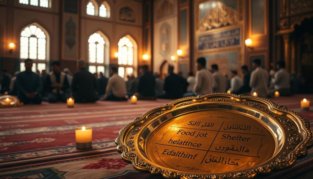 A serene mosque interior, the warm glow of candlelight and lamps casting a peaceful ambiance. In the foreground, an ornate brass platter displaying the different criteria for Zakat distribution - food, clothing, shelter, healthcare, and education. Intricate Arabic calligraphy adorns the walls, while worshippers kneel in quiet contemplation, their faces reflecting the solemnity of the ritual. The scene conveys the essence of Zakat, the Islamic charitable obligation, and its role in uplifting the less fortunate within the community. Um interior sereno de mesquita, o brilho acolhedor da luz de velas e lâmpadas criando uma atmosfera pacífica. Em primeiro plano, uma bandeja de latão ornamentada exibindo os diferentes critérios para a distribuição do Zakat - alimentos, roupas, abrigo, saúde e educação. Caligrafia árabe intrincada enfeita as paredes, enquanto os fiéis se ajoelham em quieta contemplação, seus rostos refletindo a solenidade do ritual. A cena transmite a essência do Zakat, a obrigação caritativa islâmica, e seu papel em elevar os menos afortunados dentro da comunidade.