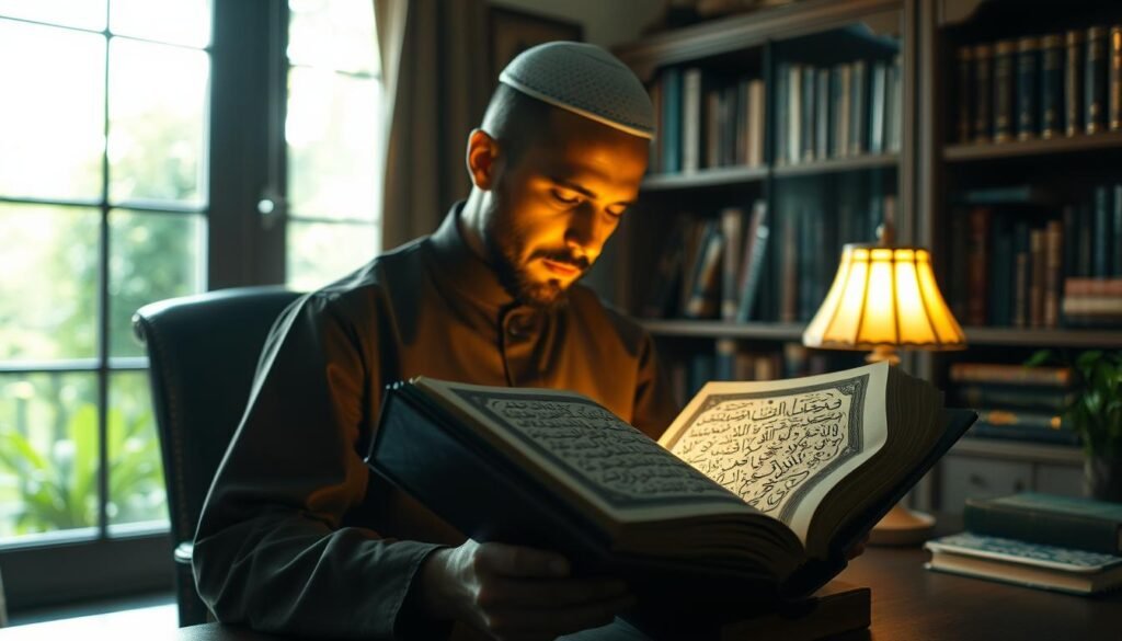 A serene, well-lit study with a person intently reading from a large, leather-bound Quran, their face illuminated by the warm glow of a desk lamp. Delicate calligraphic flourishes adorn the pages, inviting close examination. In the background, a bookshelf filled with religious texts and a window overlooking a verdant garden, creating a peaceful, contemplative atmosphere. The figure's pose and expression convey a sense of focus and dedication to improving their Quranic recitation and pronunciation. A serene, well-lit study with a person intently reading from a large, leather-bound Quran, their face illuminated by the warm glow of a desk lamp. Delicate calligraphic flourishes adorn the pages, inviting close examination. In the background, a bookshelf filled with religious texts and a window overlooking a verdant garden, creating a peaceful, contemplative atmosphere. The figure's pose and expression convey a sense of focus and dedication to improving their Quranic recitation and pronunciation.