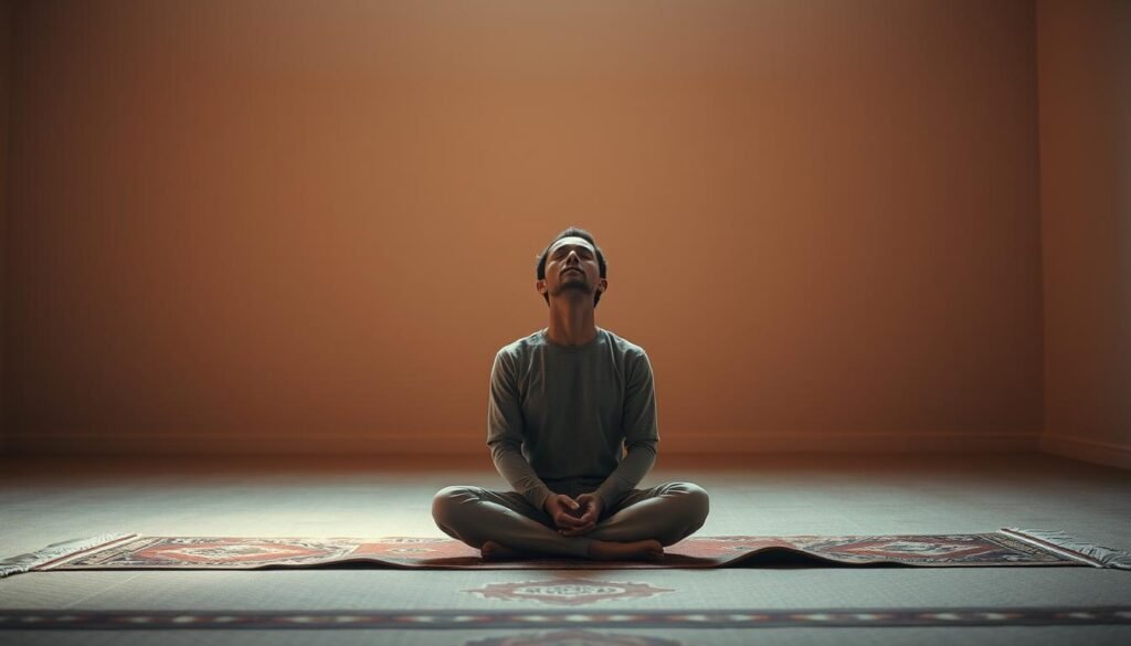 A tranquil indoor setting with warm, soft lighting illuminating a person sitting cross-legged on a prayer rug, eyes closed in deep contemplation. The figure appears serene, their face relaxed, as they engage in spiritual fasting, embodying the essence of "jejum espiritual". The background is a simple, minimalist space, with muted tones that create a calming, introspective atmosphere. The composition emphasizes the meditative, reflective nature of this spiritual practice, inviting the viewer to experience the profound significance of the Ramadan fast. A tranquil indoor setting with warm, soft lighting illuminating a person sitting cross-legged on a prayer rug, eyes closed in deep contemplation. The figure appears serene, their face relaxed, as they engage in spiritual fasting, embodying the essence of "spiritual fasting". The background is a simple, minimalist space, with muted tones that create a calming, introspective atmosphere. The composition emphasizes the meditative, reflective nature of this spiritual practice, inviting the viewer to experience the profound significance of Ramadan fast.