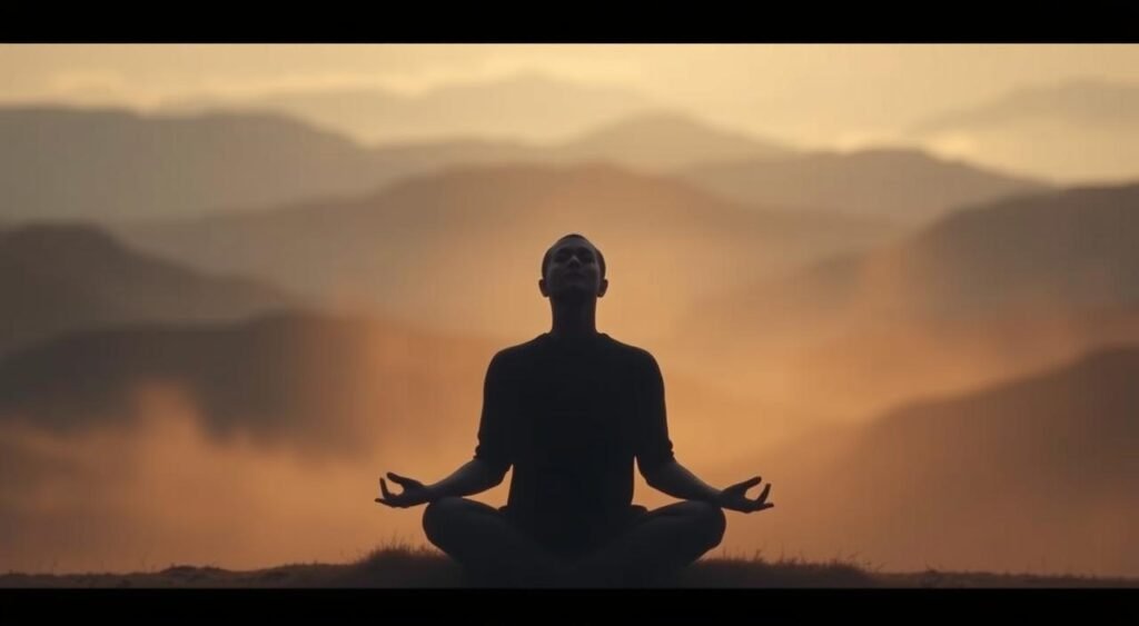 A tranquil, introspective scene depicting the interplay of purpose and spirituality. In the foreground, a serene figure sits in a meditative pose, eyes closed, enveloped in a soft, warm glow. The background is a dreamlike landscape of rolling hills, bathed in a subtle, ethereal light. The scene conveys a sense of inner calm, reflection, and the pursuit of higher meaning. The composition is balanced, with a shallow depth of field that draws the viewer's attention to the central figure. Soft, diffused lighting creates a sense of tranquility and introspection, while the muted color palette evokes a contemplative mood. O que é Espiritualidade