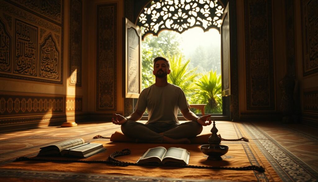 A tranquil meditation room, dimly lit with warm, golden tones. In the foreground, a person sits cross-legged on a plush, earth-toned meditation cushion, their eyes closed in deep contemplation. Surrounding them, an array of spiritual objects - a Quran, prayer beads, a small oil lamp, and a bowl of fragrant incense. The walls are adorned with intricate Islamic calligraphy, casting a serene ambiance. In the background, a large, ornate window overlooking a lush, verdant garden, symbolizing the connection between the spiritual and the natural world. The scene exudes a sense of deep focus, inner peace, and devotion. Uma sala de meditação tranquila, levemente iluminada com tons quentes e dourados. Em primeiro plano, uma pessoa está sentada de pernas cruzadas sobre uma almofada de meditação macia em tons terrosos, com os olhos fechados em profunda contemplação. Ao redor, uma série de objetos espirituais – um Alcorão, contas de oração, uma pequena lamparina a óleo e uma tigela de incenso perfumado. As paredes são adornadas com caligrafia islâmica intrincada, criando um ambiente sereno. Ao fundo, uma grande janela ornamentada com vista para um jardim exuberante e verdejante, simbolizando a conexão entre o mundo espiritual e o natural. A cena exala uma sensação de foco profundo, paz interior e devoção.