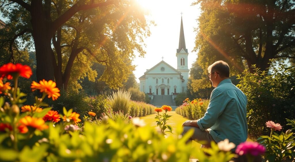 A tranquil scene of a person sitting in a serene garden, surrounded by vibrant flowers and lush greenery. Warm sunlight filters through the trees, casting a soft glow over the figure, who appears calm and contemplative. In the background, a majestic church or place of worship stands as a symbol of the individual's faith. The overall atmosphere conveys a sense of peace, harmony, and the positive impact of spiritual beliefs on one's quality of life. Uma cena tranquila de uma pessoa sentada em um jardim sereno, cercada por flores vibrantes e um verde exuberante. A luz do sol quente filtra-se através das árvores, lançando um brilho suave sobre a figura, que parece calma e contemplativa. Ao fundo, uma majestosa igreja ou local de culto ergue-se como um símbolo da fé do indivíduo. A atmosfera geral transmite uma sensação de paz, harmonia e o impacto positivo das crenças espirituais na qualidade de vida.