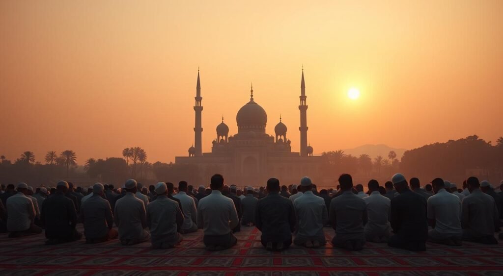 A tranquil, serene morning landscape at dawn. A mosque's elegant silhouette stands tall against a softly illuminated sky, its minarets reaching heavenward. In the foreground, a group of devout Muslims kneel in prayer, their bodies in perfect synchronization as they perform the ritual of Salat Al-Fajr, the dawn prayer. Warm, golden light filters through the atmosphere, casting a gentle glow on the worshippers' faces. The scene exudes a sense of reverence, humility, and connection to the divine, capturing the essence of this sacred Islamic practice. Uma paisagem matinal tranquila e serena ao amanhecer. A silhueta elegante de uma mesquita se ergue imponente contra um céu suavemente iluminado, com seus minaretes se elevando em direção ao céu. Em primeiro plano, um grupo de muçulmanos devotos ajoelha-se em oração, seus corpos em perfeita sincronia enquanto realizam o ritual de Salat Al-Fajr, a oração do amanhecer. Uma luz quente e dourada filtra-se pela atmosfera, lançando um brilho suave nos rostos dos fiéis. A cena exala um senso de reverência, humildade e conexão com o divino, capturando a essência dessa prática islâmica sagrada.