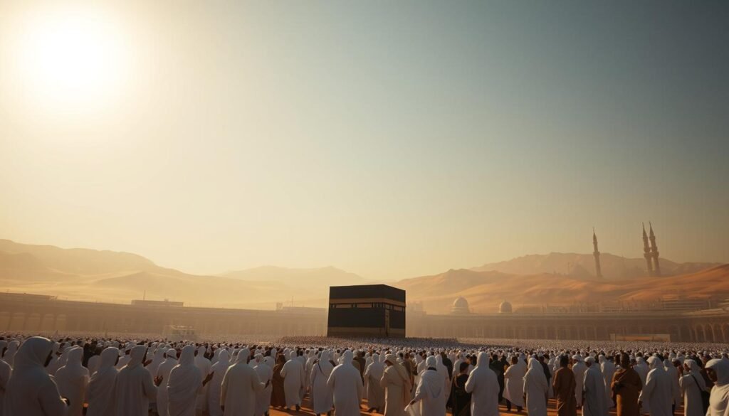 A vast desert landscape, the sun casting a warm, golden glow over the scene. In the foreground, a group of devout pilgrims perform the rituals of the Hajj, their flowing white robes and tranquil expressions conveying a sense of profound spiritual devotion. In the middle ground, the iconic Kaaba stands tall, its black cloth shimmering in the light, surrounded by a throng of worshippers circling it in reverence. In the distance, the silhouettes of minarets and domes rise against the hazy horizon, suggesting the grandeur and significance of the holy city of Mecca. The atmosphere is one of reverence, solemnity, and a deep connection to the divine. Curiosidades sobre o Hajj