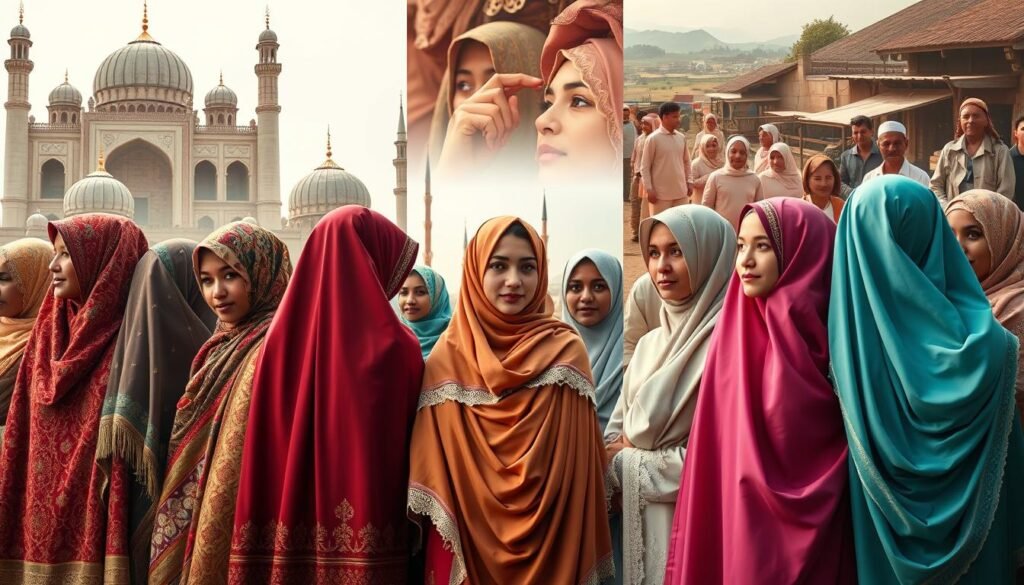 A vibrant collage depicting diverse hijab styles from around the world. In the foreground, an array of intricately patterned hijabs in rich hues of crimson, turquoise, and gold, adorned with ornate embroidery and delicate lace. In the middle ground, women of various ethnicities and ages gracefully wear hijabs in flowing chiffon, structured cotton, and shimmering satin. The background showcases the architectural splendor of mosques, bustling marketplaces, and serene landscapes, providing a cultural backdrop to the hijab traditions. Soft, natural lighting illuminates the scene, creating a sense of warmth and reverence. The overall composition conveys the global diversity and deep-rooted significance of the hijab within different Muslim communities. Uma colagem vibrante que retrata diversos estilos de hijab de todo o mundo. Em primeiro plano, uma variedade de hijabs com padrões intrincados em ricas tonalidades de vermelho, turquesa e dourado, adornados com bordados elaborados e delicadas rendas. No plano intermediário, mulheres de várias etnias e idades usam hijabs de maneira graciosa em chiffon fluido, algodão estruturado e cetim cintilante. O fundo exibe o esplendor arquitetônico de mesquitas, mercados movimentados e paisagens serenas, fornecendo um pano de fundo cultural para as tradições do hijab. A luz suave e natural ilumina a cena, criando uma sensação de calor e reverência. A composição geral transmite a diversidade global e o profundo significado do hijab dentro de diferentes comunidades muçulmanas.