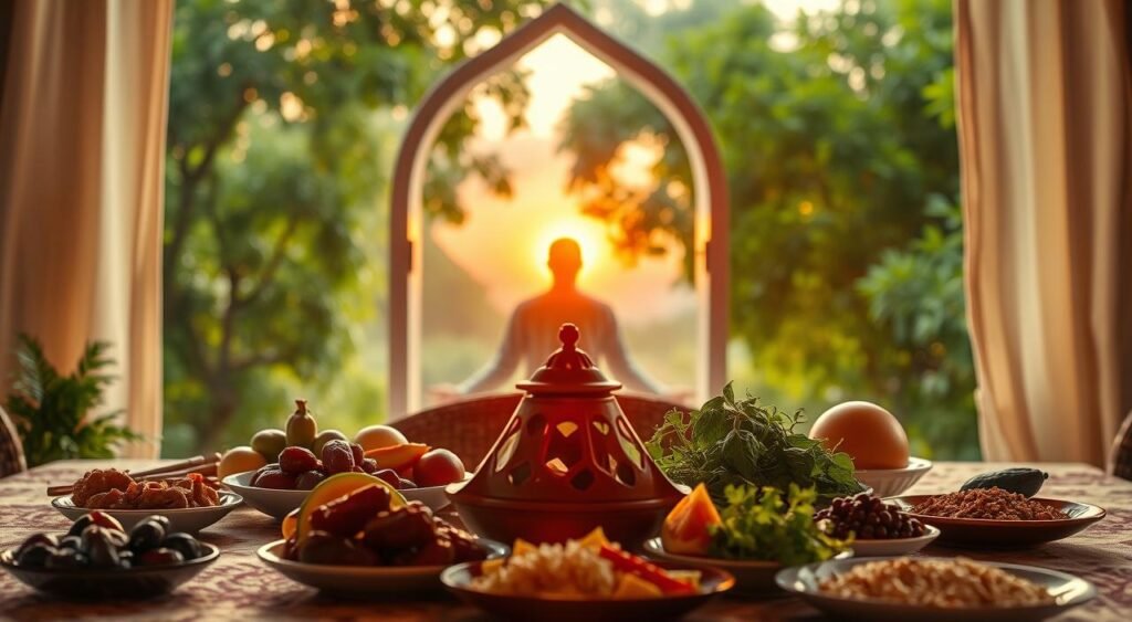 A vibrant, warm-toned scene depicting the traditions and practices of a healthy Ramadan. In the foreground, a table is set with an array of nutritious, plant-based dishes, including dates, fresh fruits, and whole grains. Centered, a traditional lantern casts a soft, atmospheric glow, evoking the spiritual ambiance of the holy month. In the middle ground, a person performs evening prayers, their silhouette backlit by the setting sun, which illuminates the horizon through an arched window. The background features lush, verdant foliage, conveying a sense of tranquility and connection to nature. The lighting is soft and diffused, creating a serene, contemplative mood. The overall composition emphasizes balance, harmony, and the holistic embrace of a healthy, mindful Ramadan. A vibrant, warm-toned scene depicting the traditions and practices of a healthy Ramadan. In the foreground, a table is set with an array of nutritious, plant-based dishes, including dates, fresh fruits, and whole grains. Centered, a traditional lantern casts a soft, atmospheric glow, evoking the spiritual ambiance of the holy month. In the middle ground, a person performs evening prayers, their silhouette backlit by the setting sun, which illuminates the horizon through an arched window. The background features lush, verdant foliage, conveying a sense of tranquility and connection to nature. The lighting is soft and diffused, creating a serene, contemplative mood. The overall composition emphasizes balance, harmony, and the holistic embrace of a healthy, mindful Ramadan.