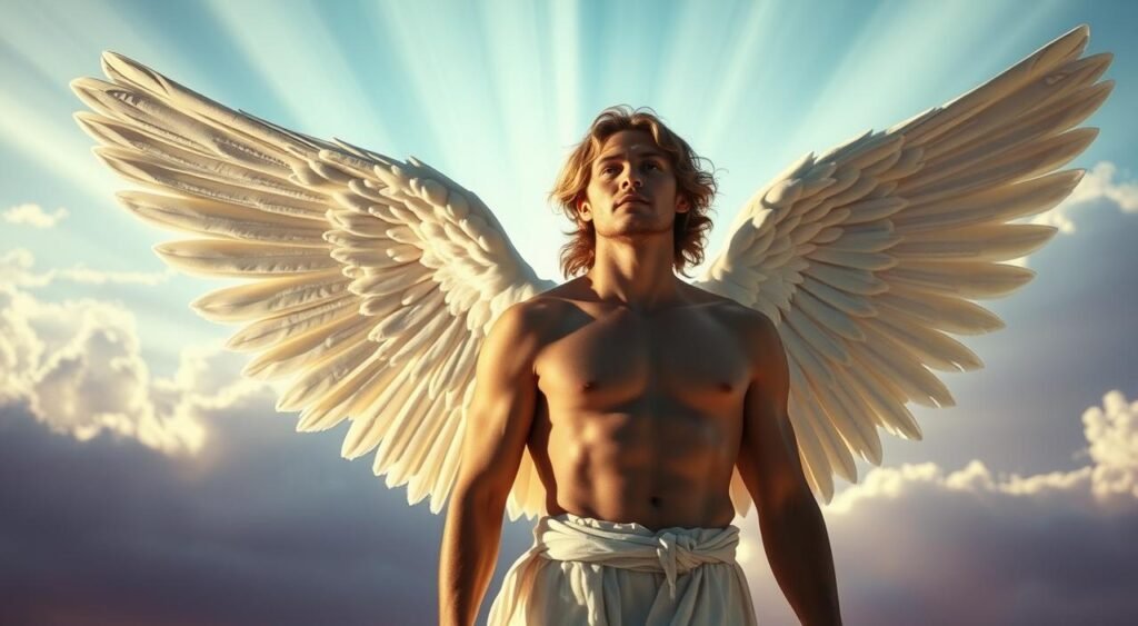 Anjo Gabriel, a messenger of the divine, standing in a celestial realm. Radiant wings unfurl, emanating an ethereal glow. His countenance is serene, yet commanding, as he delivers a message from the heavens. Soft beams of light filter through wispy clouds, creating a sense of reverence and wonder. The background is a sublime interplay of blues and purples, hinting at the mystical nature of the scene. Captured in a medium shot, the angel's form is balanced and centered, commanding the viewer's attention. The lighting is dramatic, casting subtle shadows that accentuate the angel's chiseled features. An air of solemnity and gravitas pervades the image, befitting the momentous occasion of divine revelation. Anjo Gabriel, um mensageiro do divino, em pé em um reino celestial. Asas radiantes se abrem, emanando um brilho etéreo. Seu semblante é sereno, porém imponente, enquanto ele transmite uma mensagem dos céus. Raios suaves de luz filtram-se através de nuvens tênues, criando uma sensação de reverência e admiração. O fundo é uma sublime interação de azuis e roxos, sugerindo a natureza mística da cena. Capturado em plano médio, a forma do anjo é equilibrada e centralizada, comandando a atenção do observador. A iluminação é dramática, projetando sombras sutis que acentuam as feições esculpidas do anjo. Um ar de solenidade e seriedade permeia a imagem, condizente com a ocasião memorável da revelação divina.
