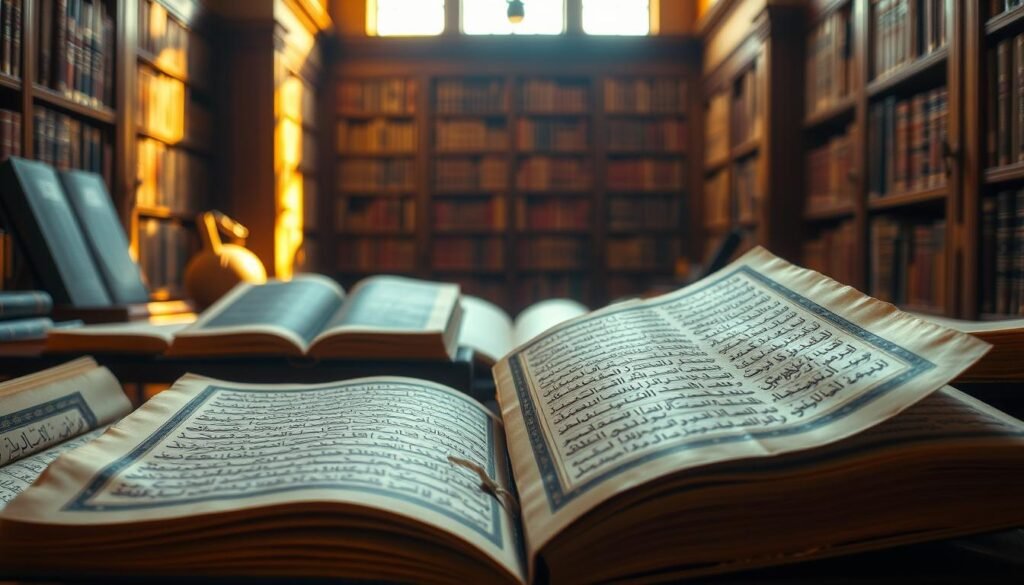 Historical documents on tolerance in Islam, displayed in an elegant library setting. In the foreground, aged parchments and illuminated manuscripts lie open, their pages filled with calligraphic text and intricate illustrations. In the middle ground, bookshelves line the walls, their weathered spines hinting at the wealth of knowledge they contain. The background is bathed in warm, golden light, casting a contemplative and reverent atmosphere. The overall scene conveys the deep-rooted traditions and scholarly heritage that have shaped the Islamic faith's teachings on religious pluralism and coexistence. Documentos históricos sobre tolerância no Islã, exibidos em um ambiente de biblioteca elegante. Em primeiro plano, pergaminhos antigos e manuscritos iluminados estão abertos, suas páginas repletas de texto caligráfico e ilustrações intrincadas. No meio, estantes de livros alinham-se às paredes, suas lombadas desgastadas sugerindo a riqueza de conhecimento que contêm. O fundo é banhado em uma luz dourada e quente, criando uma atmosfera contemplativa e reverente. A cena geral transmite as tradições profundas e o patrimônio acadêmico que moldaram os ensinamentos da fé islâmica sobre pluralismo religioso e convivência.