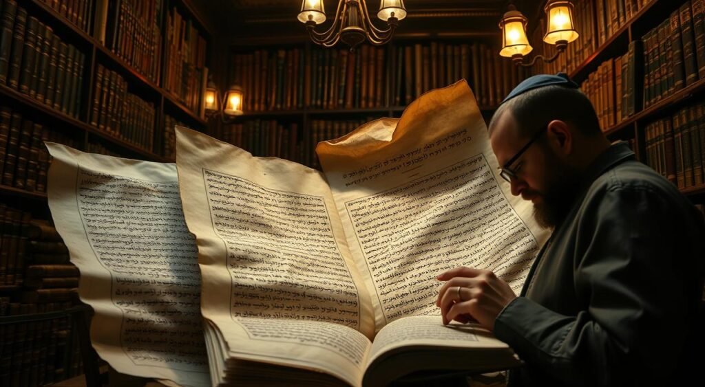 Intricate scrolls and parchments unfurl, revealing the rich tapestry of ancient Jewish texts. A dimly lit library, its shelves brimming with leather-bound volumes, sets the stage. Ornate calligraphic scripts dance across the pages, illuminated by a warm, diffused glow from overhead lamps. Aged, weathered covers hint at the centuries-old wisdom contained within. In the foreground, a scholar pores over a manuscript, lost in contemplation, while in the background, a hallowed atmosphere of reverence and scholarly pursuit permeates the scene. The image conveys the reverence and significance of these rare, historical Jewish manuscripts. Pergaminhos e manuscritos intrincados se desdobram, revelando a rica tapeçaria de textos judaicos antigos. Uma biblioteca mal iluminada, suas prateleiras repletas de volumes encadernados em couro, é o cenário. Escritas caligráficas ornamentadas dançam pelas páginas, iluminadas por um brilho quente e difuso das lâmpadas no teto. Capas envelhecidas e desgastadas sugerem a sabedoria centenária contida nelas. Em primeiro plano, um erudito examina um manuscrito, perdido em contemplação, enquanto ao fundo, uma atmosfera sagrada de reverência e busca acadêmica permeia a cena. A imagem transmite a reverência e a significância desses raros manuscritos judaicos históricos.