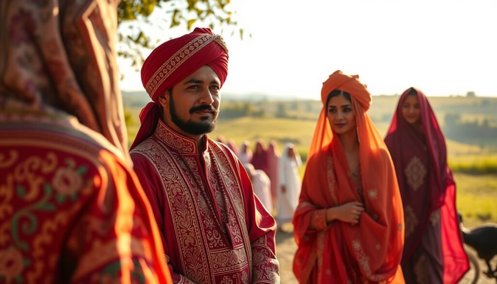 Vibrant, detailed regional costumes of the Eid celebration, set against a warm, sun-dappled backdrop. In the foreground, intricate embroidered robes, turbans, and flowing dresses in rich jewel-toned hues. In the middle ground, a lively gathering of people, their faces illuminated by the soft, diffused light. The background reveals a serene, pastoral scene of lush greenery and gentle rolling hills. The overall atmosphere conveys a sense of cultural tradition, joyous celebration, and deep-rooted reverence. Captured through the lens of a high-resolution camera, with a shallow depth of field to emphasize the ornate details of the costumes. Costumes regionais vibrantes e detalhados da celebração do Eid, em um cenário quente e ensolarado. Em primeiro plano, vestes, turbantes e vestidos esvoaçantes com bordados intrincados em tons ricos e brilhantes. No centro, uma animada reunião de pessoas, com os rostos iluminados pela luz suave e difusa. O fundo revela um cenário sereno e pastoral de vegetação exuberante e colinas suaves. A atmosfera geral transmite uma sensação de tradição cultural, celebração alegre e profunda reverência. Capturado pelas lentes de uma câmera de alta resolução, com baixa profundidade de campo para enfatizar os detalhes ornamentados dos trajes.