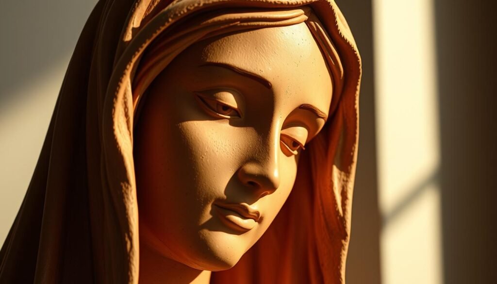 A close-up view of a meticulously restored terracotta statue of the Virgin Mary, her face bearing a serene, contemplative expression. The details of the intricate carving and the rich, earthy tones of the material are rendered with photorealistic clarity, capturing the timeless beauty and craftsmanship of this sacred artifact. Soft, warm lighting from the side accentuates the delicate textures and shadows, creating a sense of depth and dimension. The statue is presented against a neutral, minimalist background, allowing the viewer to focus entirely on the captivating splendor of this restored masterpiece. Uma visão em close-up de uma estátua de terracota meticulosamente restaurada da Virgem Maria, com o rosto exibindo uma expressão serena e contemplativa. Os detalhes da intrincada escultura e os ricos tons terrosos do material são reproduzidos com clareza fotorrealista, capturando a beleza atemporal e o artesanato deste artefato sagrado. Uma iluminação suave e quente, vinda da lateral, acentua as delicadas texturas e sombras, criando uma sensação de profundidade e dimensão. A estátua é apresentada contra um fundo neutro e minimalista, permitindo que o observador se concentre inteiramente no esplendor cativante desta obra-prima restaurada.