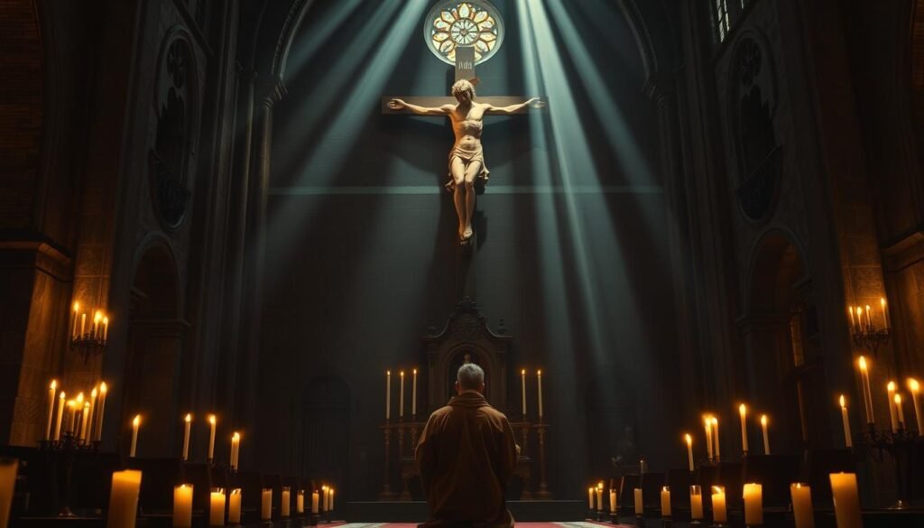 A dimly lit church interior, the warm glow of candlelight casting shadows on the ornate stone walls. In the foreground, a large crucifix dominates the scene, the figure of Christ etched in intricate detail. Kneeling before the altar, a lone figure in a brown robe, head bowed in solemn prayer - Saint Francis of Assisi, beseeching divine protection against his enemies. The air is thick with a sense of reverence and spiritual intensity, the atmosphere charged with the power of this ancient supplication. Soft beams of light filter through stained glass windows, lending an ethereal quality to the space. The overall composition evokes a timeless, sacred atmosphere, perfectly suited to illustrate the transformative power of St. Francis' prayer against adversaries. Um interior de igreja mal iluminado, o brilho quente da luz de velas projetando sombras nas paredes ornamentadas de pedra. Em primeiro plano, um grande crucifixo domina a cena, a figura de Cristo esculpida em detalhes intrincados. Ajoelhado diante do altar, uma figura solitária em uma túnica marrom, cabeça baixa em oração solene - São Francisco de Assis, implorando proteção divina contra seus inimigos. O ar está pesado com um sentido de reverência e intensidade espiritual, a atmosfera carregada com o poder desta antiga súplica. Raios suaves de luz filtram-se através de vitrôs, conferindo uma qualidade etérea ao espaço. A composição geral evoca uma atmosfera sagrada e atemporal, perfeitamente adequada para ilustrar o poder transformador da oração de São Francisco contra adversários.