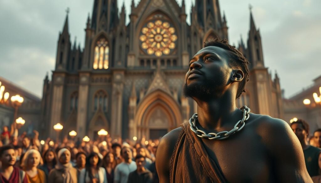 A dramatic scene of the emancipation of the slave Zacarias, depicted with cinematic lighting and a sense of reverence. In the foreground, Zacarias stands tall, his shackles broken, gazing with a expression of newfound freedom. The middle ground shows a crowd of onlookers, their faces filled with awe and joy. In the background, a grand, ornate cathedral stands, its towering spires and stained glass windows casting a warm, ethereal glow over the entire scene. The overall atmosphere is one of triumph, spiritual uplift, and the miraculous power of faith to transform lives. Uma cena dramática da emancipação do escravo Zacarias, retratada com iluminação cinematográfica e um senso de reverência. Em primeiro plano, Zacarias está de pé, com suas algemas quebradas, olhando com uma expressão de liberdade recém-descoberta. O centro mostra uma multidão de espectadores, com rostos cheios de admiração e alegria. Ao fundo, uma catedral imponente e ornamentada, com suas torres imponentes e vitrais lançando um brilho cálido e etéreo sobre toda a cena. A atmosfera geral é de triunfo, elevação espiritual e o poder milagroso da fé para transformar vidas.