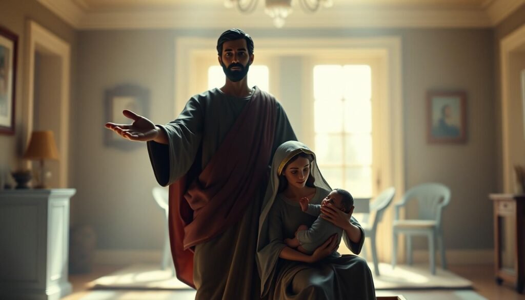 A family model inspired by St. Joseph, depicted in a warm, contemplative scene. The father figure stands tall, his hands extended in a gesture of guidance and care. The mother figure sits nearby, cradling a child, her expression serene and nurturing. In the background, a simple yet elegant home setting, illuminated by soft, natural lighting that creates a sense of peace and reverence. The composition evokes the virtues of fatherhood, motherhood, and the sacred role of the family unit, as exemplified by the life and example of St. Joseph. A family model inspired by St. Joseph, depicted in a warm, contemplative scene. The father figure stands tall, his hands extended in a gesture of guidance and care. The mother figure sits nearby, cradling a child, her expression serene and nurturing. In the background, a simple yet elegant home setting, illuminated by soft, natural lighting that creates a sense of peace and reverence. The composition evokes the virtues of fatherhood, motherhood, and the sacred role of the family unit, as exemplified by the life and example of St. Joseph.