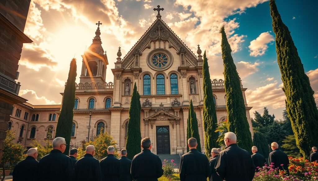 A grand Franciscan church set against a vibrant sky, the sun's warm rays filtering through stained glass windows. In the foreground, ornate carvings and intricate architectural details adorn the facade, reflecting the order's dedication to spiritual devotion. The middle ground features robed Franciscan friars in quiet contemplation, their expressions serene and thoughtful. Surrounding the church, a lush garden with towering cypress trees and vibrant flowers, symbolizing the order's connection to nature and the divine. The lighting is soft and atmospheric, casting a reverent glow over the entire scene. This image captures the essence of the Franciscan Reformation and its enduring religious significance. Uma grande igreja franciscana contra um céu vibrante, os raios quentes do sol filtrando através de janelas de vidro colorido. No primeiro plano, entalhes ornamentados e intrincados detalhes arquitetônicos adornam a facade, refletindo a dedicação da ordem à devoção espiritual. O plano médio apresenta frades franciscanos vestidos em contemplação silenciosa, suas expressões serenas e pensativas. Cercando a igreja, um jardim luxuriantes com ciprestes altos e flores vibrantes, simbolizando a conexão da ordem com a natureza e o divino. A iluminação é suave e atmosférica, lançando um brilho reverente sobre toda a cena. Esta imagem captura a essência da Reforma Franciscana e seu significado religioso duradouro.