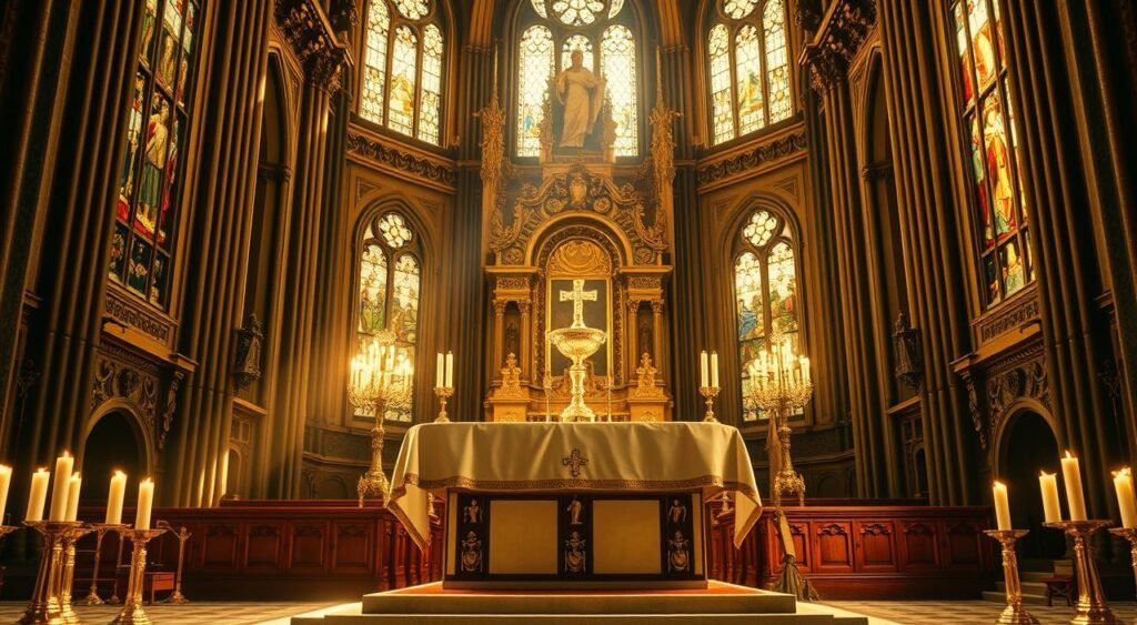 A grand cathedral interior, bathed in warm, golden light filtering through stained glass windows. At the center, an ornate altar draped in fine white linen, adorned with intricate carvings and glowing candles. Upon the altar, a raised dais holding a gilded chalice and host - the Eucharist, the sacred sacrament at the heart of the Corpus Christi celebration. The scene evokes a sense of reverence and divine presence, capturing the solemn beauty and spiritual significance of this hallowed ritual. O interior de uma imponente catedral, banhado por uma luz cálida e dourada que se filtra pelos vitrais. No centro, um altar ornamentado, revestido de linho branco fino, adornado com entalhes intrincados e velas acesas. Sobre o altar, um estrado elevado sustenta um cálice e uma hóstia dourados – a Eucaristia, o sagrado sacramento no coração da celebração de Corpus Christi. A cena evoca um senso de reverência e presença divina, capturando a beleza solene e o significado espiritual deste ritual sagrado.