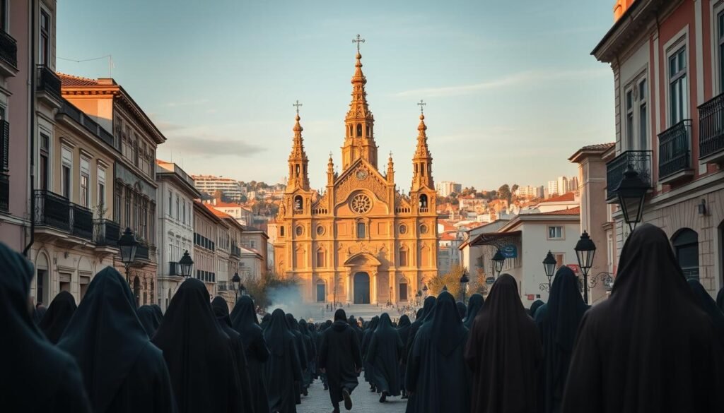 A grand cathedral rises against the backdrop of a vibrant city skyline, its spires and ornate facade casting a warm, golden glow in the soft, afternoon light. In the foreground, a procession of robed figures, their faces shielded by hoods, wind their way along the cobblestone streets, their solemn steps echoing the rich history and devotion of this religious enclave. The air is thick with the scent of incense and the hush of reverence, as the faithful gather to celebrate the life and miracles of the beloved Saint Anthony, their patron and protector. This scene captures the essence of the religious formation that has shaped the culture and identity of Lisbon for centuries. Conheça a História de Santo Antônio: